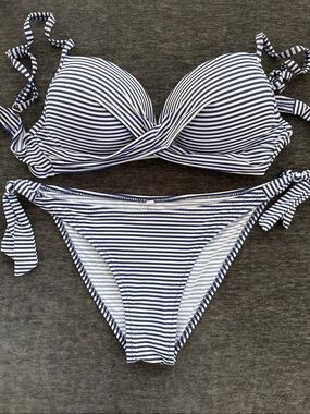 Navy & White Striped Twist Bikini Set